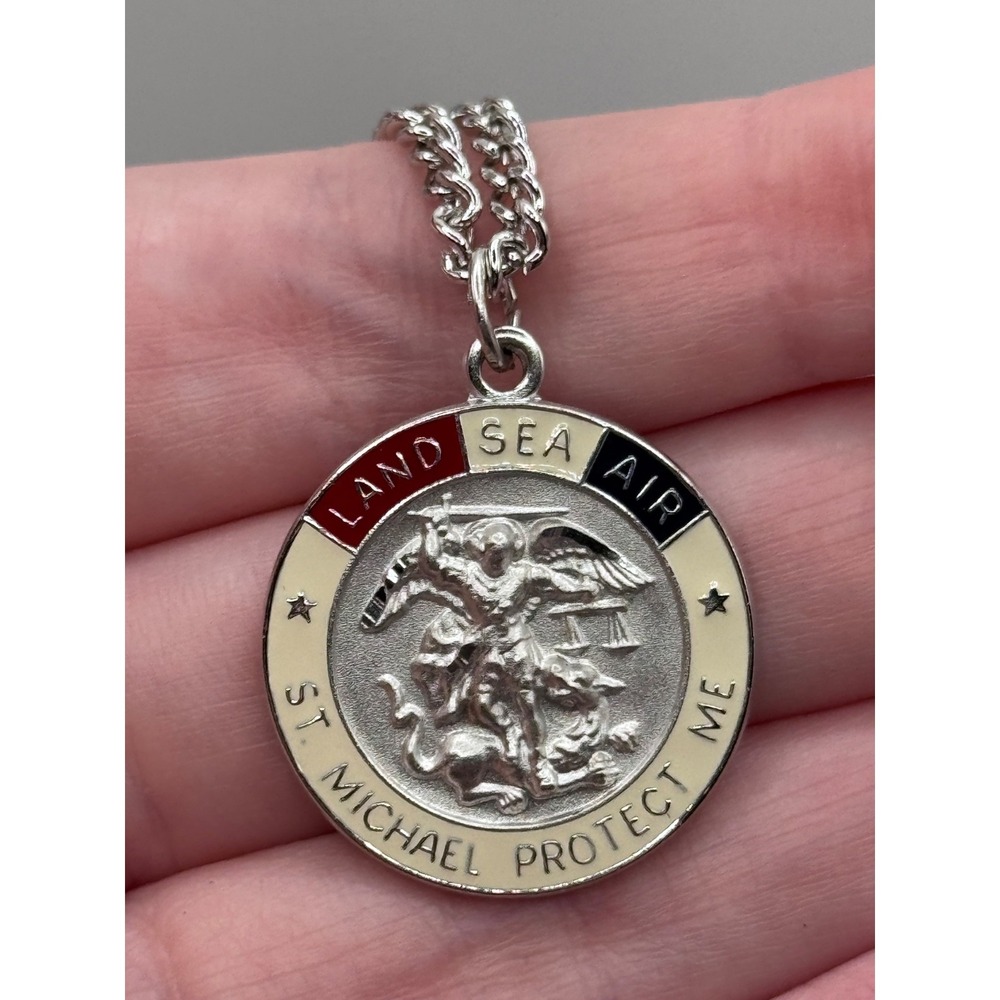 Sterling Silver Enamel St Michael Protect Me Land Sea Air Saint Medal Pendant
